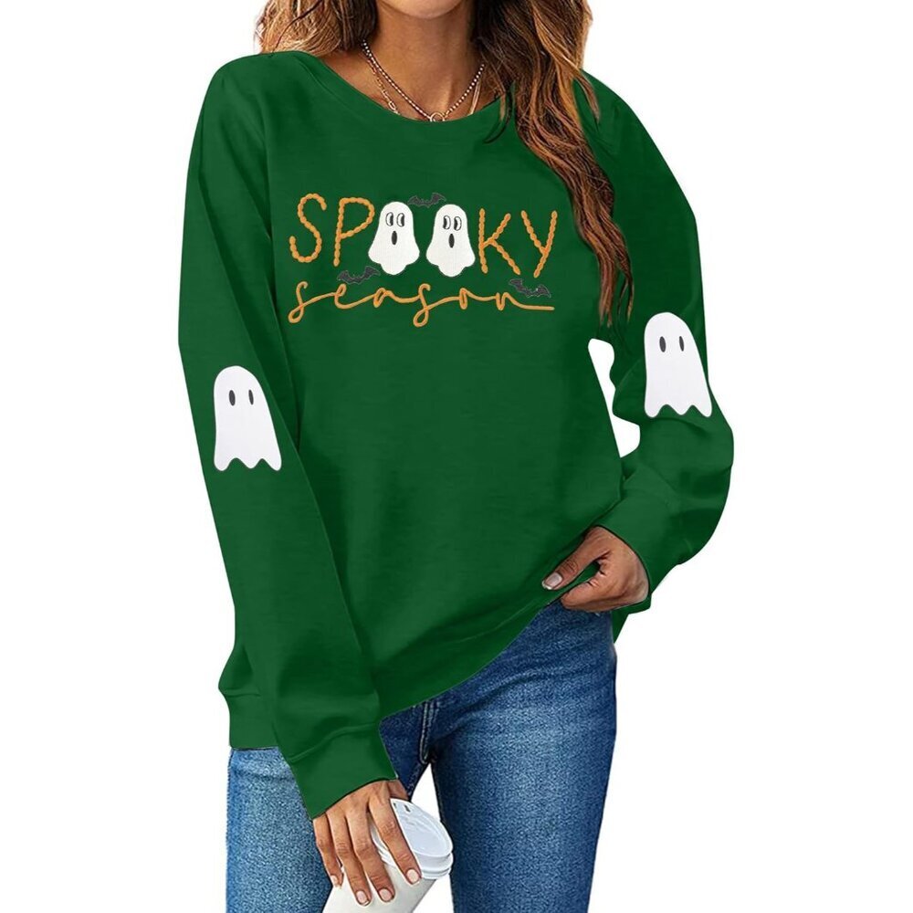 Women Halloween Sweatshirt Ghost Embroidered Crewneck Fall Sweater